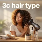 Woman with voluminous 3c hair type styling her defined corkscrew curls using a diffuser and wide-tooth comb