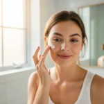 Young woman with clear, healthy skin applying a lightweight non pore clogging moisturiser to her face as part of her acne-safe skincare routine.