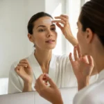 Woman applying a silicone forehead patch in a mirror as a non-invasive botox alternative for smoothing wrinkles.