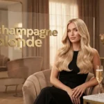 Woman with long, glossy champagne blonde hair sitting in a luxury salon next to gold hair care products, showcasing the perfect pearlescent beige tone