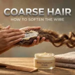 Close-up illustration showing dry coarse hair texture transforming from a rough wire-like strand into a smooth soft curl after applying a deep hydration mask.