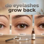 Close up comparison showing do eyelashes grow back timeline with regrowth stages from week 1 to week 6 alongside a lash serum bottle