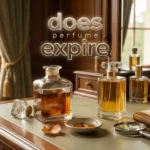 Elegant vintage perfume bottles on a wooden vanity with a magnifying glass to investigate does perfume expire and check for signs of spoilage or maceration