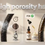 Microscopic view of high porosity hair cuticle structure showing moisture loss versus hair sealed with oil