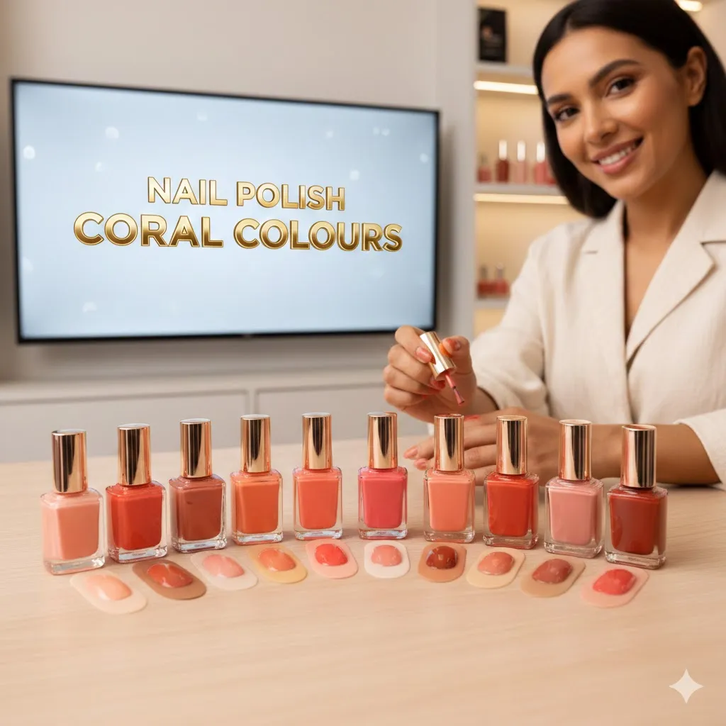 A professional beauty expert showcasing a variety of vibrant nail polish coral colours in glossy and matte finishes for different skin tones.