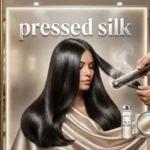 A hairstylist performs a silk press on long, dark hair using a flat iron in a salon setting, with steam rising. The image also features a bottle of silk serum and a magnifying glass revealing a silk fabric texture, illustrating the process of achieving pressed silk hair.