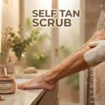 Woman using an exfoliating mitt to apply self tan scrub on her legs in the shower for smooth skin prep