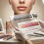 Professional piercer holding a detailed sizing chart guide for standard lip piercing gauges and measurements next to a model.