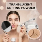 Professional makeup artist applying translucent setting powder with a brush to achieve a flawless, matte finish without flashback.