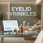 Professional eye treatment showing a woman receiving a cooling massage to reduce eyelid wrinkles, surrounded by premium skincare products and expert tips.