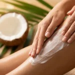 Comparison showing greasy raw coconut oil texture versus creamy coconut body lotion absorbing into skin