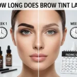 Split-screen comparison showing how long does brow tint last, featuring bold brows at week 1 versus faded brows at week 4 with a calendar marking the fading timeline.