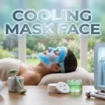 Woman relaxing in a spa setting wearing a blue gel bead cooling mask face next to a skincare fridge and beauty serums
