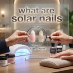 A side-by-side comparison seen through a magnifying glass showing the visual difference between a pink and white Solar System nail and a Standard Acrylic nail, surrounded by professional solar powder and liquid monomer bottles, illustrating the answer to what are solar nails.