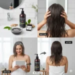 Before and after results showing gray hair coverage using Darhergao Hair Dye shampoo in 15 minutes.