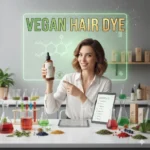 A professional woman in a natural laboratory setting presenting a premium bottle of organic vegan hair dye, surrounded by botanical ingredients and a digital display of plant-based components.